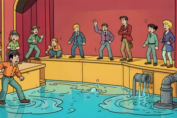 Podium Beatrix Theater onder water door sprinkler, shows afgelast