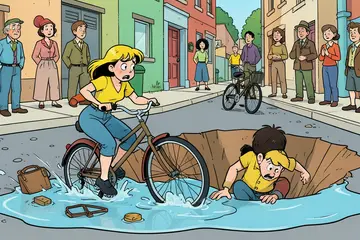 Meisje twijfelt, fietst toch door plas en wordt dan opgeslokt door zinkgat, waar ze met moeite uit kan komen