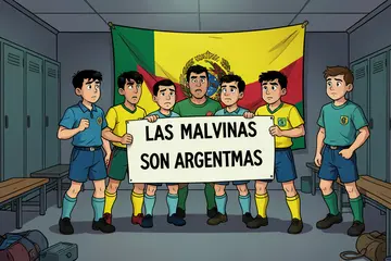 Spelers Argentinië tonen vlag over Falklandeilanden na WK-duel