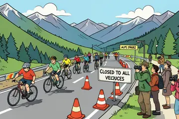 Weg naar Alpe d’Huez wegens drukte dicht voor alle voertuigen richting tweeluik in Tour de France